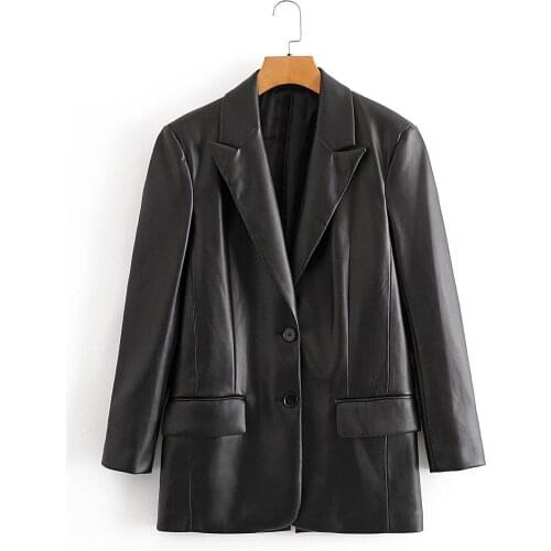 2021 Black Spring Women Fashion Loose PU Faux Leather Jacket Vintage Pockets Long Sleeve Back Vents Oversized Female Chic Tops