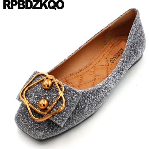 Beautiful large size women ladies flats autumn spring bling sequins single shoes square toe glitter gray metal 2018 slip on drop