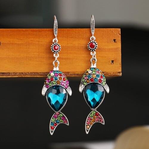 YaYi Jewelry Bohemia New Multi Glass Rhinestone Dangle Crystal Womens Fashion Ancient Silver Color Gem Stud Hook Fish Earrings