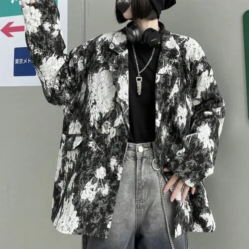 Fashion Black Tie Dye Print Blazer Notched Collar Long Sleeve Casual Spring Autumn 2021 Lapel Single-breasted Women Suit Jacket