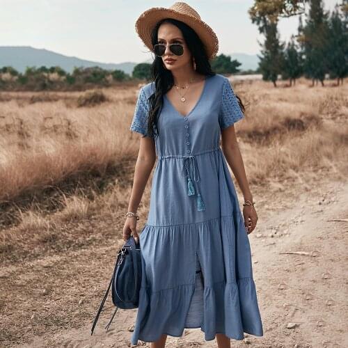 Summer Blue Ruffles Hollow Out Dress 2021 New Casual V Neck Draw String Midi Dress For Woman Holiday Party Dresses vestidos