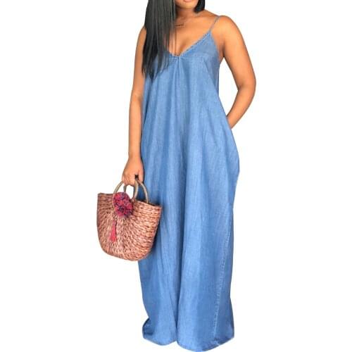 S-XXXL Womens Summer Spaghetti Strap Dresses Casual Denim Deep V Neck Loose Maxi Dress