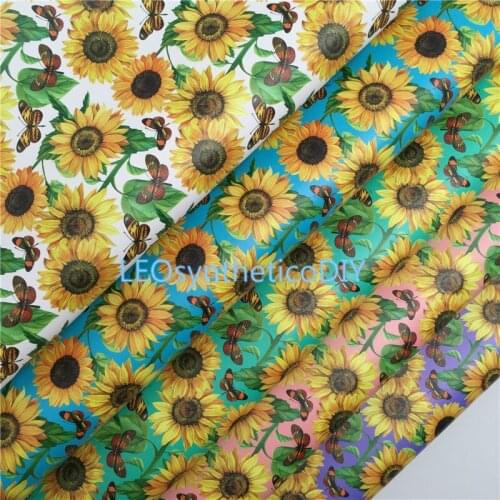 1PC 21X29CM Sunflowers and Butterfly Printed on Soft Felt Backing Synthetic Leather For Making Bows LEOsyntheticoDIY T498