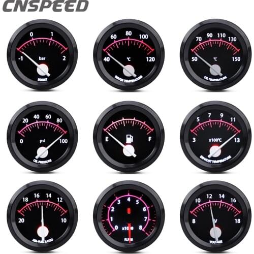 2" 52mm 12V Racing Car Turbo Boost Gauge Tachometer RPM Water Temperature Gauge Oil Pressure With Sensor Volt Meter Pointer LED