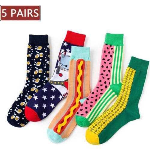 5 Pairs Men Cotton Casual Happy Socks Fashion Beer Corn Watermelon Colorful Pattern Long Socks Business Printed Happy Crew Socks
