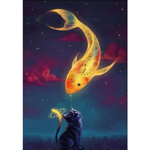 5D DIY Diamond Painting Animal Cat and Fish Diamond Embroidery Full Cross Stitch Rhinestone Mosaic Home Decor Handmade Gift