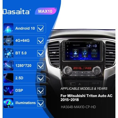 Dasaita 9" Android 10.0 Autoradio 1 Din HD Split Screen BT 5.0 DSP Car Radio for Mitsubishi Triton 2015-2018 Manual AC Black UV