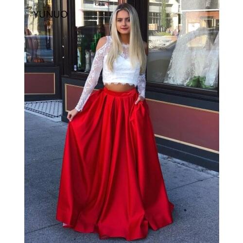 YUNUO Long Two Pieces Evening Prom Dresses Lace Long Sleeves Satin Robe de Soiree Party Gowns with Pockets A-line Prom Dress