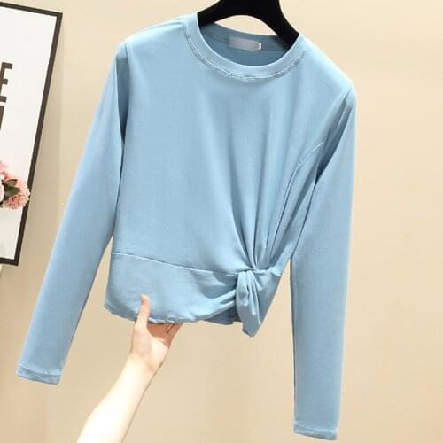 Spring Autumn Long Sleeved Womens T-shirt Fashion Kink Solid Tops Women Slim Cotton T Shirt Korean All-match O-Neck Tee Shirt