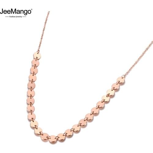 JeeMango Trendy Titanium Stainless Steel Creative Wafer Pendant Necklace Jewelry Rose Gold Chain Link Necklace For Women JN19110