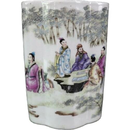 China Old Porcelain Pink Bamboo Forest Seven Sages Pattern Flat Pen Holder