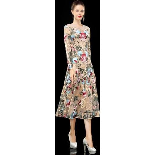 LUXIYAIO LO61 Evening Dress Vintage O Neck 2021 New Style Embroidery Lace Robe De Soiree Long Sleeve A-Line Women Party Dresses