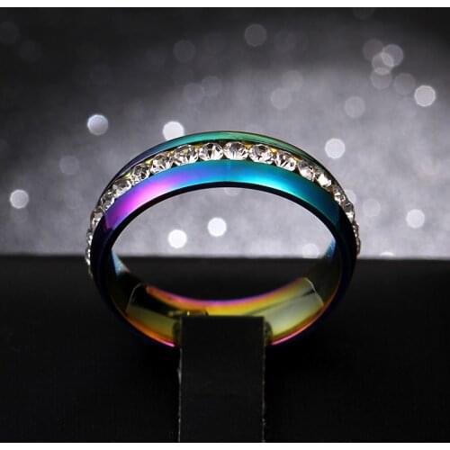 MANGOSKY 6mm Rainbow Colorful Crystal Ring Titanium Steel Wedding Band Ring Width 6mm Personalized Ring Customize Ring Engr