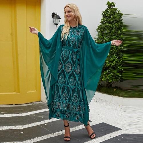 Fake two pieces Phoenix Tail Embroidery Muslim Robes syari female full length sequined Muslim abaya Worship Service abaya F1908