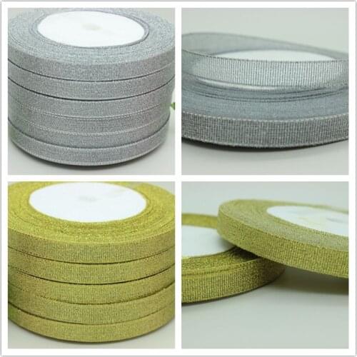 3/8'' Free shipping gold and silver glitter metal ribbon 5 rolls/lot 125y/lot hairbow diy party decoration wholesale 9mm S436