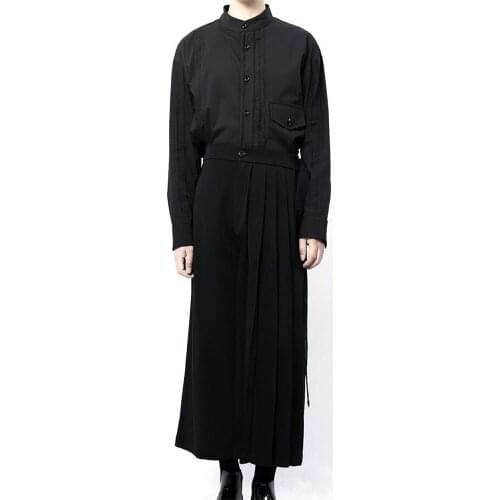 Mens Yamamoto style casual wide-leg trousers, culottes, pleated trousers, asymmetrical dark trousers in Europe and America
