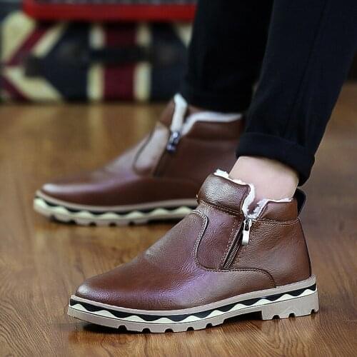 Men Outdoor Winter Snow Ankle Boots Leather Non-Slip Short Plush Warm Walking Male Casual Flat Shoes Sneakers Fashion Lace Up