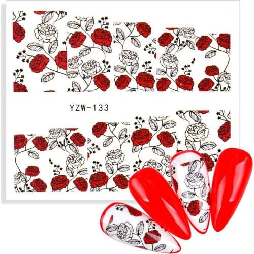 1 Sheet Red Rose Flower Nail Water Sticker Leaf Anime Girls Abstract Image Transfer Sliders Decals Nail Art Decoration Foil