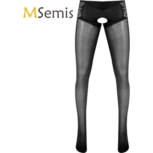 Lingerie Sissy Pantyhose Mens Crotchless Sheer Stockings Nightwear See Through Lace Patchwork Stretchy Long Pants Leggings