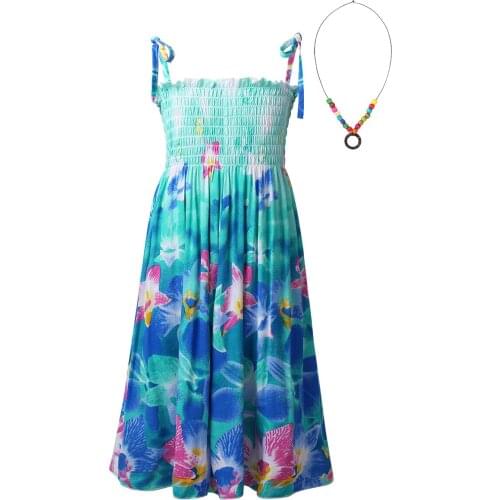 New Summer Kids Girls Dresses Bohemian Style Floral Printed Sleeveless Casual Party Dress Sundress Beach Dress With Necklace