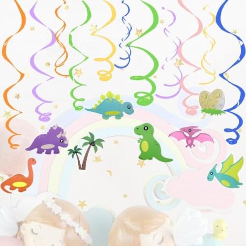 Dino Party Supplies Kids Birthday Party Spiral Decoration Cartoon Dinosaur Ceiling Hanging Swirl Banner Dangling Streamers