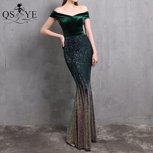 QSYYE Emerald Evening Dress Mermaid Off Shoulder Sequin Evening Gown Velvet Elegant Party Dress Sequin Fading Fitted Formal Gown
