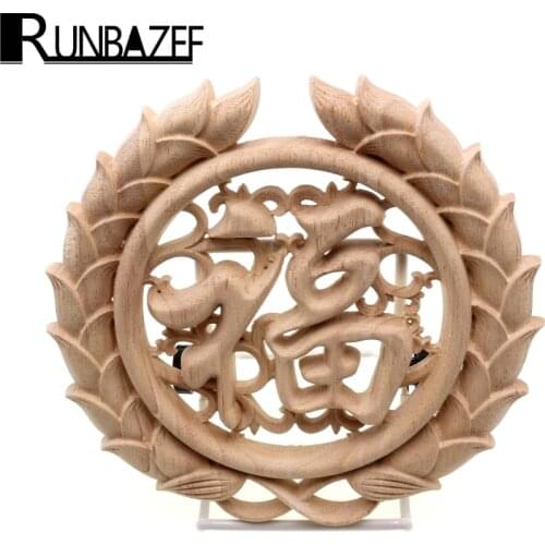 RUNBAZEF Chinese Style Vintage Unpainted Wood Carved Decal Corner Onlay Applique Frame Home Furniture Wall Cabinet Door Decor
