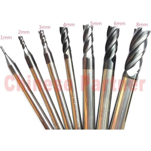 7pcs/lot 1mm,2mm,3mm,4mm,5mm,6mm,8mm hrc45 4Flutes Spiral Bit Milling Cutter Tools Carbide CNC Endmill Router bits