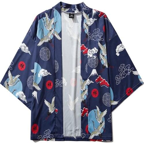Traditional Japan Asia Clothes Yukata Women Blue Kimono Cardigan Summer Crane Print Shirt Top Casual Kawaii Cosplay Sexy Costume