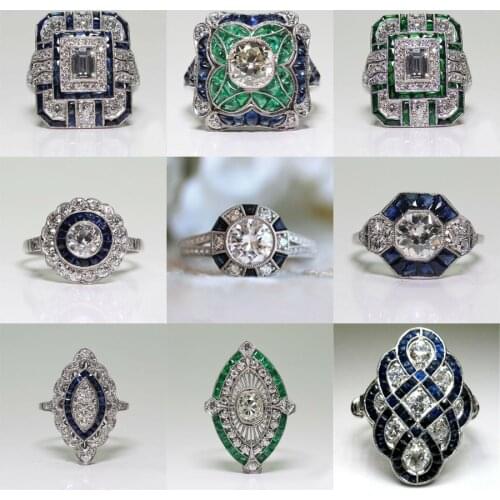 Vintage Big Square Rings For Women Green Blue Purple Crystal Ring Luxury Geometry Zircon Rings Bride Engagement Ring Femme Gift