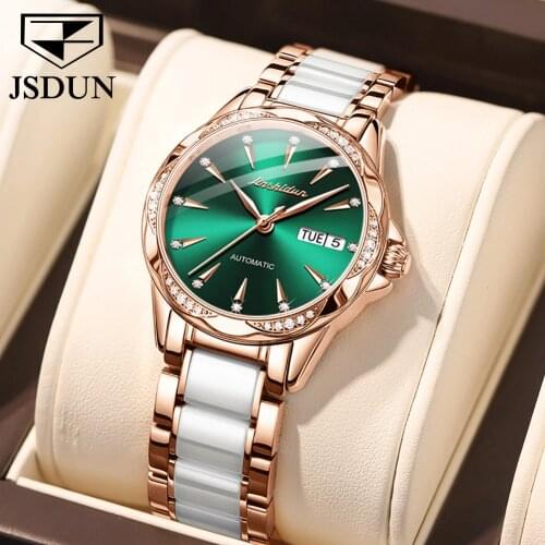 JSDUN Women Mechanical Watch Rose Gold Stainless Steel Ceramics Strap Dress Watches Fashion Luxury Brand Womens Automatic Watch