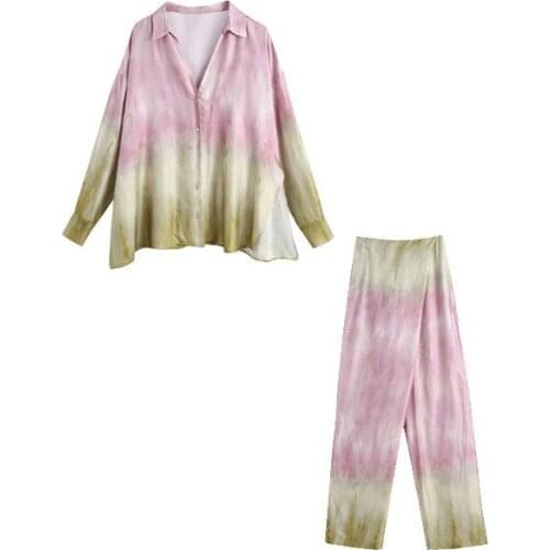 Fashion Spring 2021 Streetwear 2 Pieces Women Set Women Suits Tie Dye Print Silk Oversized Shirts and Wide Leg Pants set