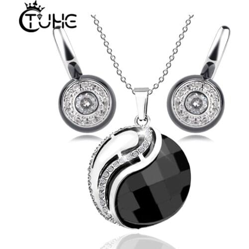 Fashion YinYang Circle Round Ceramic Jewelry Sets for Women Never Fade Healthy Ceramic Stud Earrings Women Pendant Necklace
