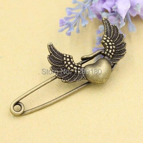 10pcs/lot Alloy Antique Bronze Vintage Wings Brooch Safety Pins For Garment Accessories Scarf Clip pins Length:57mm (K02081)