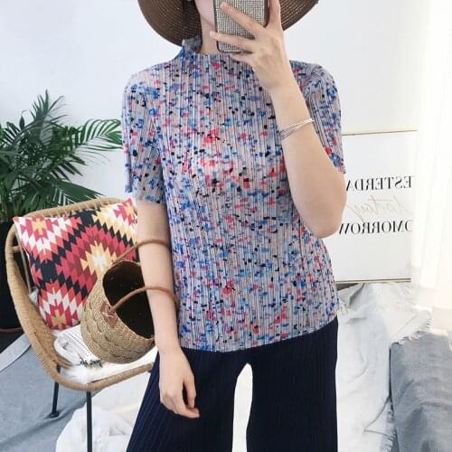 2020 spring summer Miyake pleated angel trendy top Korean style loose Turtleneck purple spot aesthetic pattern clothes T-shirt