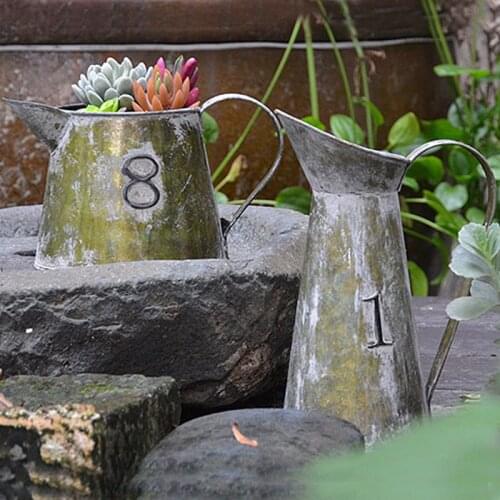 Antique Watering Can Shaped Iron Flower Pot With 1 8 Letters European Country Home Garden Decor High Short Flower Zinc Pots