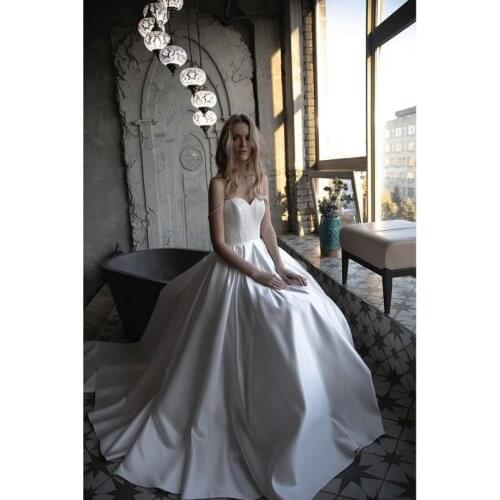 Boho Ivory Satin Sweetheart Spaghetti Straps Floor-Length A-Line Wedding Dresses Chapel Tran Custom Made Bridal Gowns