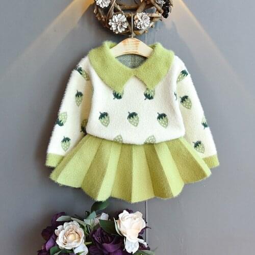 1-6 year children cloth toddler girl winter clothes Crystal mink knitted strawberry sweater + skirt suit kids winter clothes