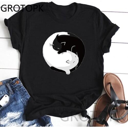 Yin Yang Cats Sleeve Printed Short Sleeve T-Shirt Harajuku Casual T Shirts Summer Fashion Tees Streetwear Tshirts