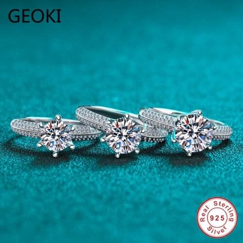 Geoki Classic 925 Sterling Silver 6 Prong Passed Diamond Test Perfect Cut Queen Moissanite Ring Women Luxury Engagement Jewelry