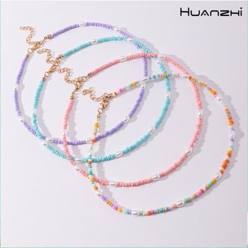 HUANZHI 2021 Trend Colorful Beaded Necklaces Bohemian Imitation Pearls Choker for Women Girls Jewelry Accessories Party Gifts
