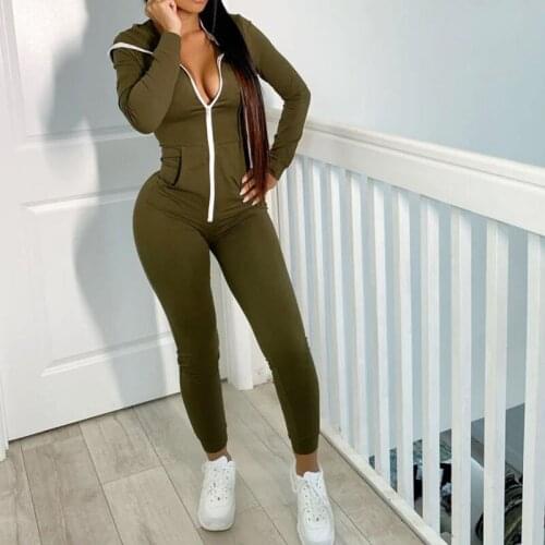Sexy Women Jumpsuits Clothes Hooded Playsuit Long Sleeve Jumpsuit Romper Long Zipper Hat Trousers Pocket Solid Skinny Jumpsuit