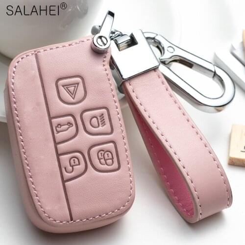 Leather Car Key Case For Land Rover LR4 LR2 Discovery Rang Rover Sport Evoque 5 Buttons Smart Remote Fob Cover Auto Keychain
