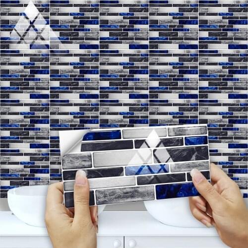 10pcs Gray & Blue Flat Marble Embossing Tiles Sticker Kitchen Oil-Proof Bathroom Tables Decor Glossy Surface Art Wall Sticker