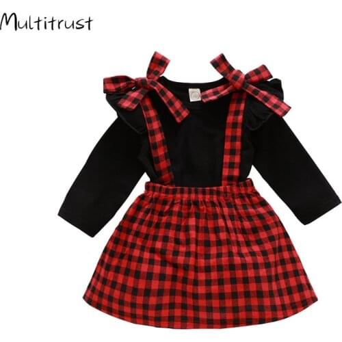 Toddler Baby Girls Outfits 2Pcs Long Sleeve Ruffled Tops + Plaid Suspender Skirt Christmas Overall Dress