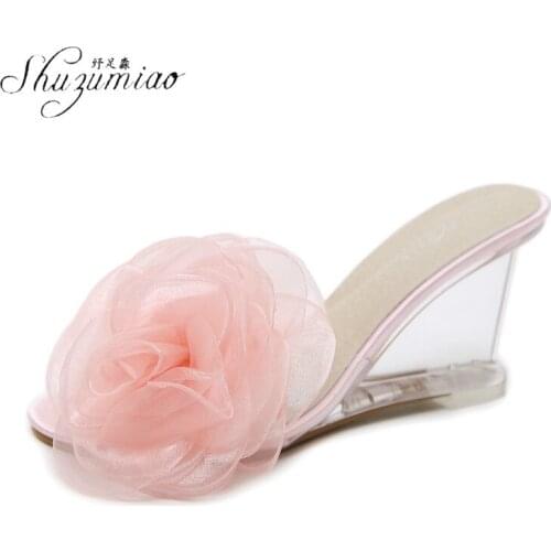 SHUZUMIAO 2021 New Summer Style Sexy Womens Slides Crystal Wedges High Heels Sweet Flowers Slipper Shoes Party Shoes 1098-833-9