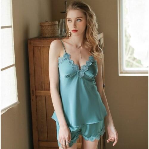 Summer New Ladies 2PCS Ice Silk Pajamas Set Sweet Lace Flower Homewear Sexy V-Neck Strap Top&Shorts Nightwear With Bra Sleepwear