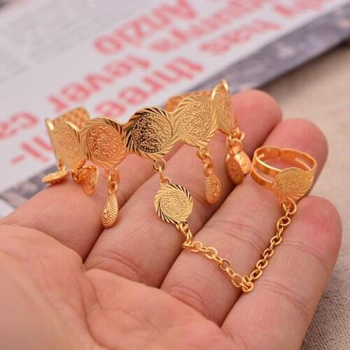 New Coin Gold Color Bangles Baby/Child with Ring Middle Eastern Jewelry Muslim Islamic Bracelets Wholesale Coins Money Sign