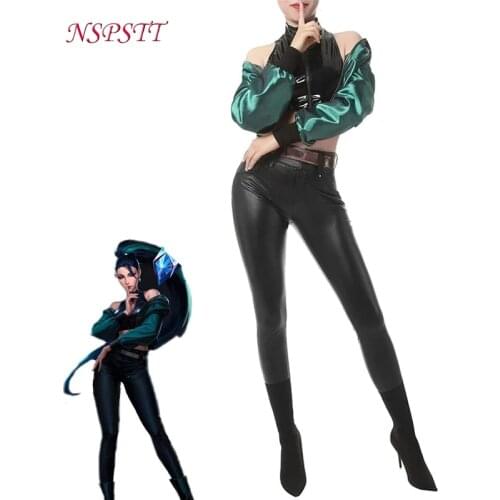 NSPSTT Game LOL Baddest Kaisa Cosplay Costume LOL KDA Kaisa Costume Sexy Suit Women Outfit Top Coat Belt Pants Earring Full Set