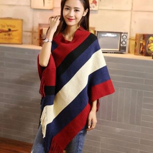 Striped Sleeveless Fringed Knitted Sweater Poncho Women Color Matching Round Neck Pullover Bat Sweater Poncho Female Spring 2020